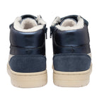 Pair of navy blue high-top trainers with cream soles and white faux fur lining, rear view