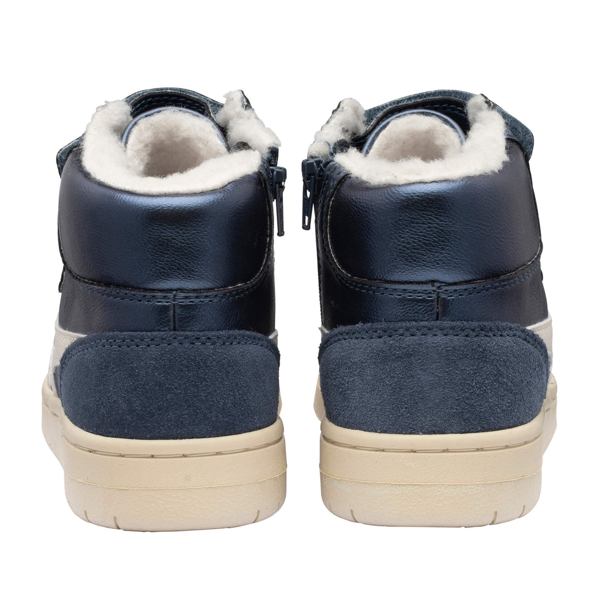 Pair of navy blue high-top trainers with cream soles and white faux fur lining, rear view