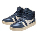 Pair of Gola Kids Coaster Peak high-top trainers in navy with cream stripes and faux fur lining