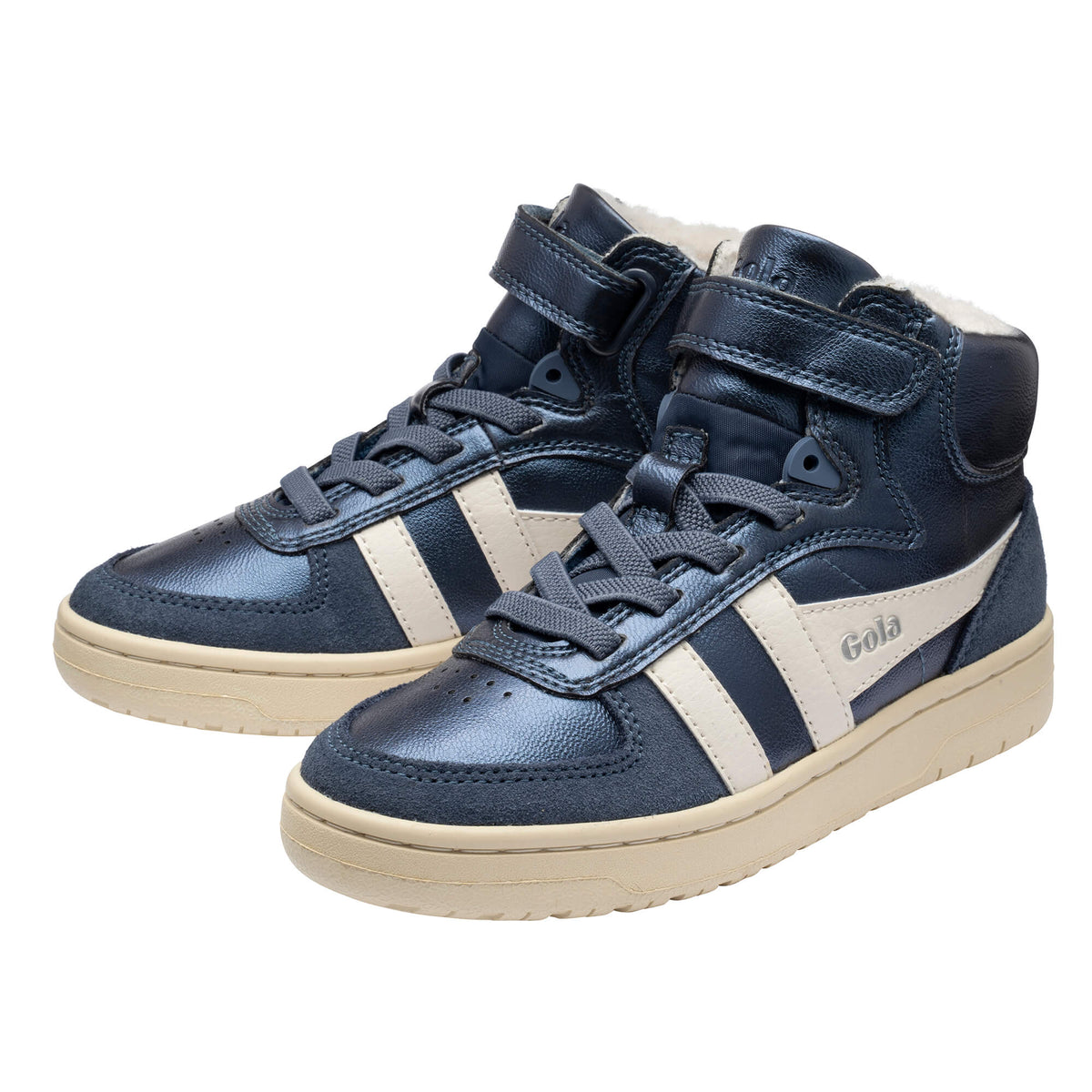 Pair of Gola Kids Coaster Peak high-top trainers in navy with cream stripes and faux fur lining