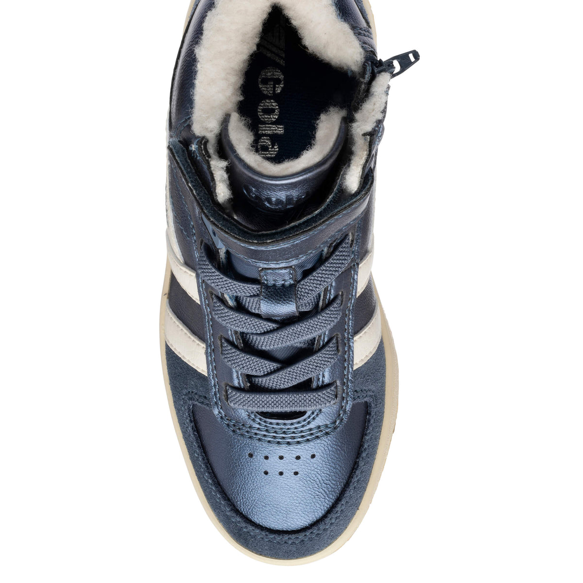 Top-down view of a navy blue Gola trainer with cream stripes and a cream fleece lining