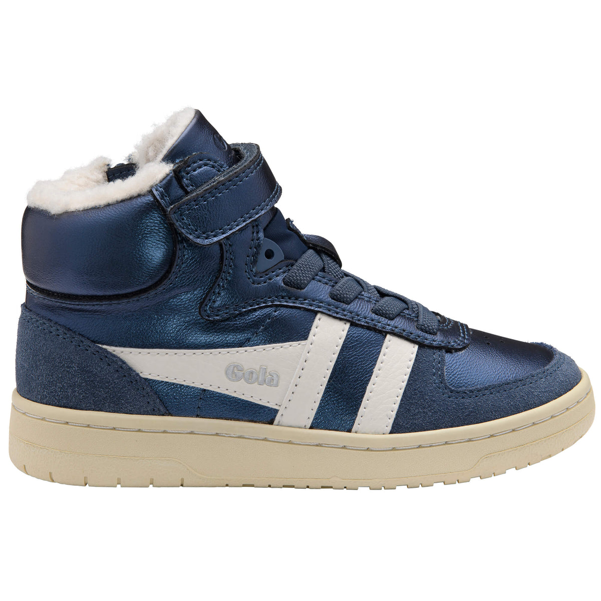 Gola Kids Coaster Peak high-top trainers in navy with white stripes and faux fur lining