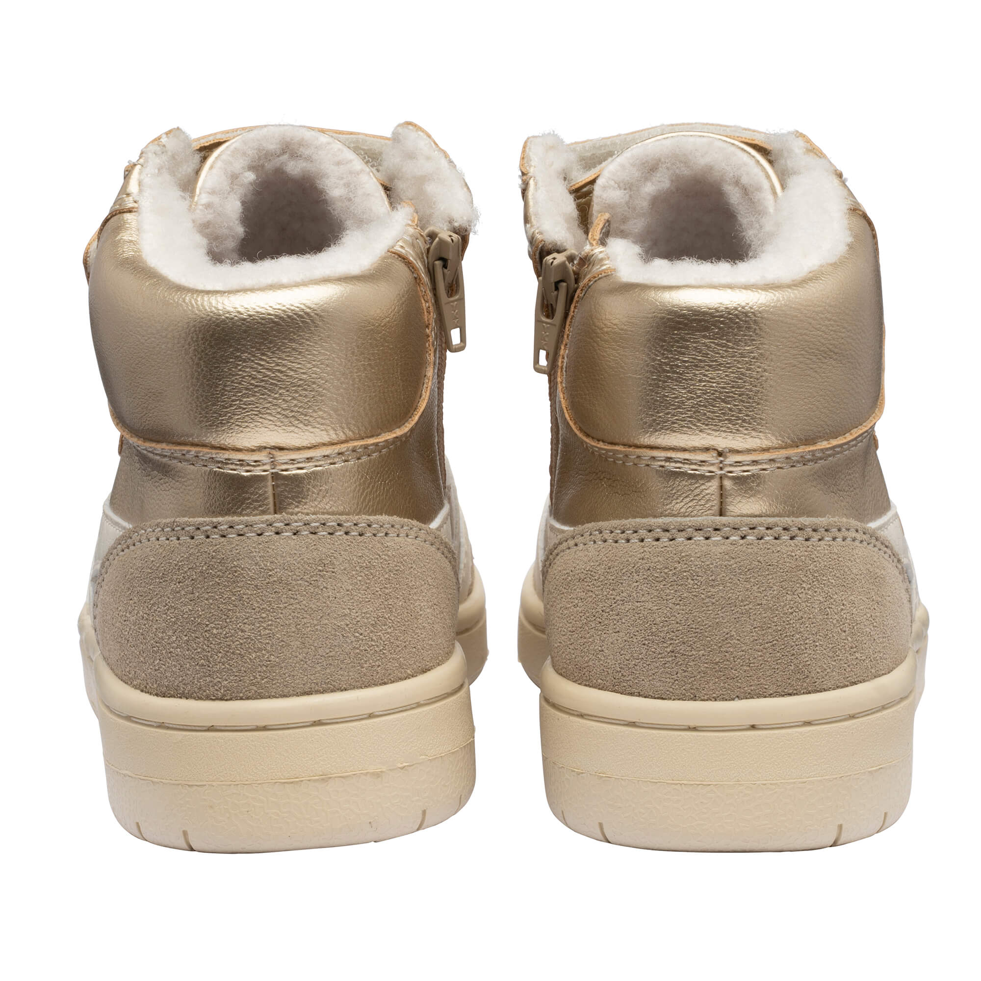 Pair of gold high-top trainers with cream fleece lining and zips, rear view