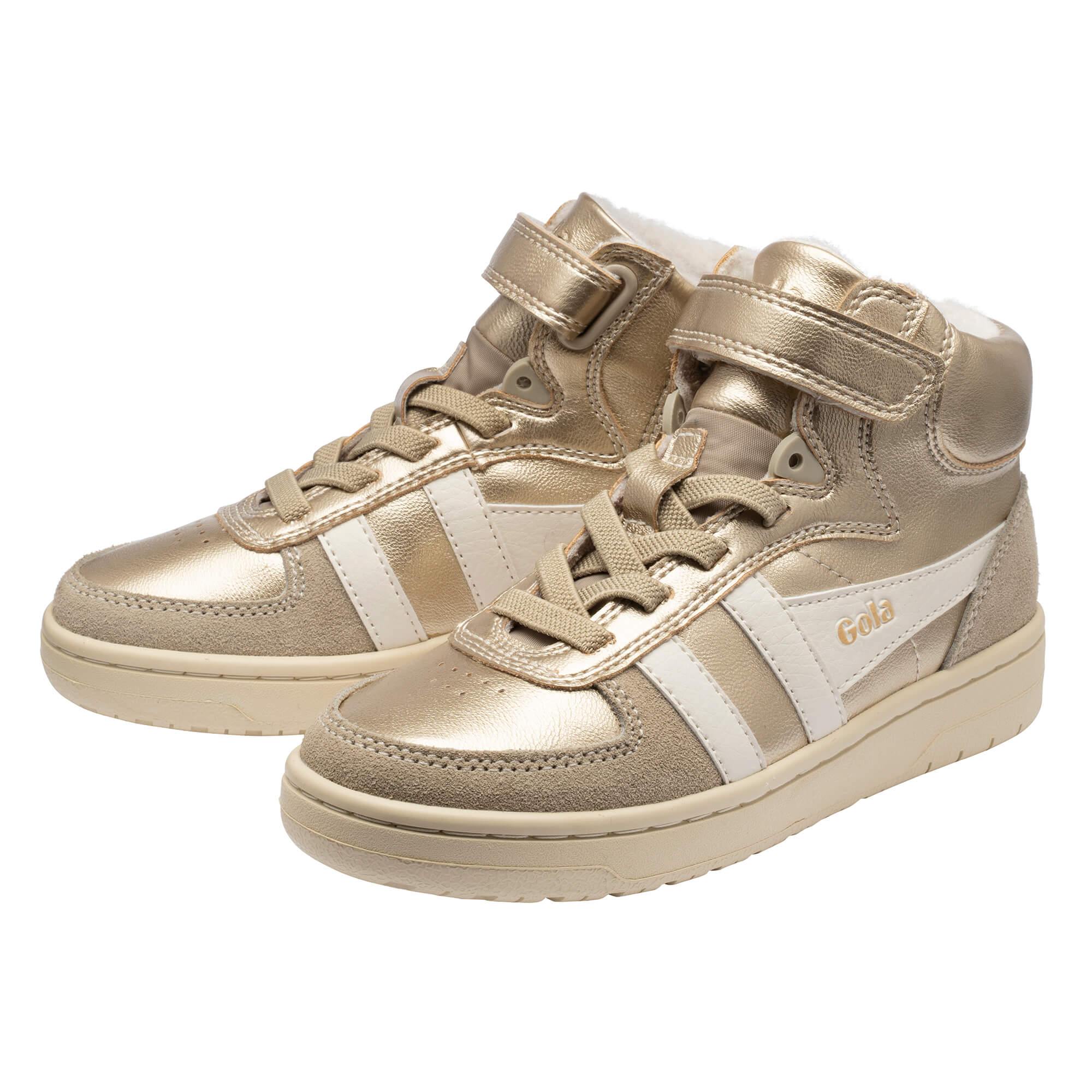 Pair of gold Gola kids trainers with white stripes and cream soles