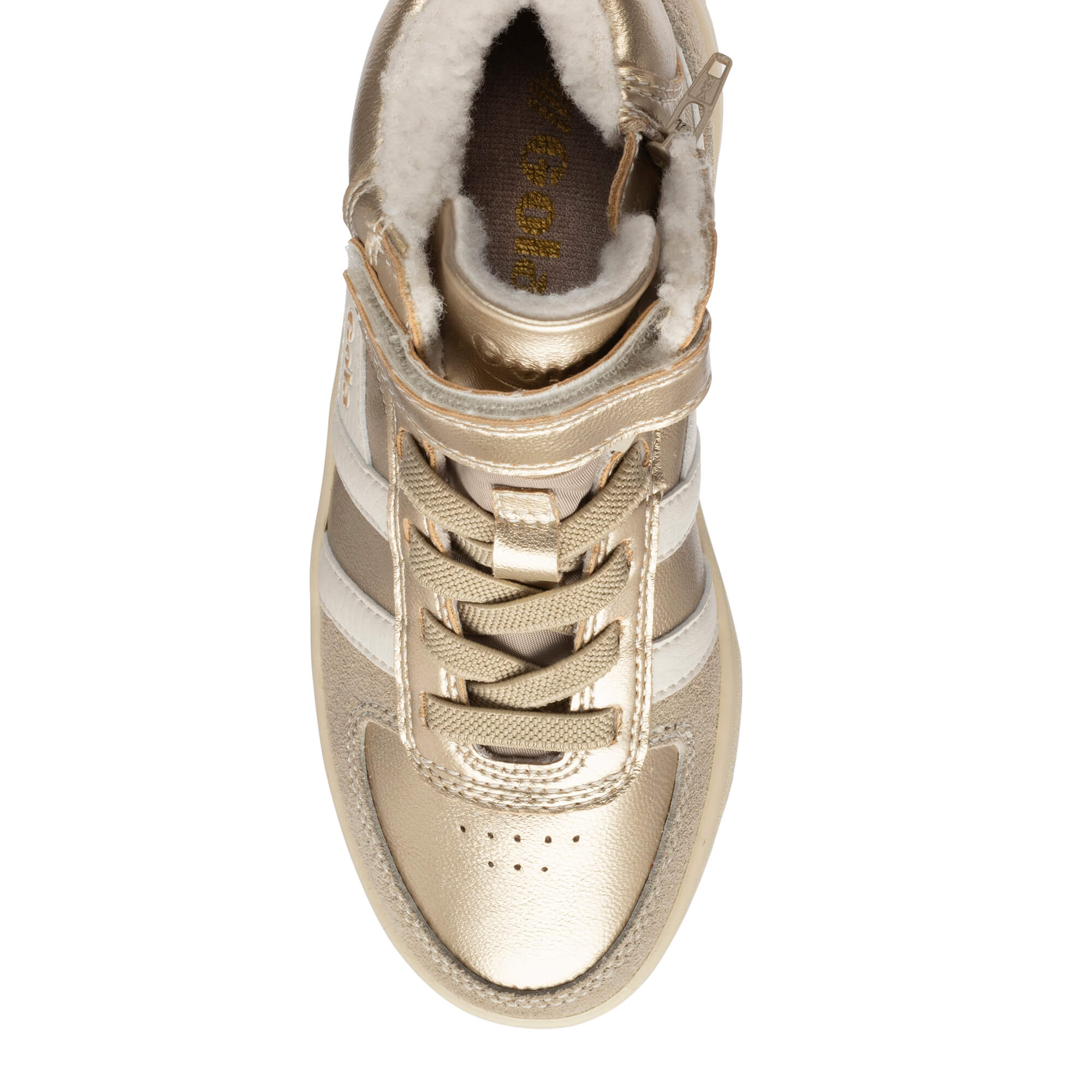 Gold high-top trainer with white stripes, laces, a side zip, and a cream faux fur lining