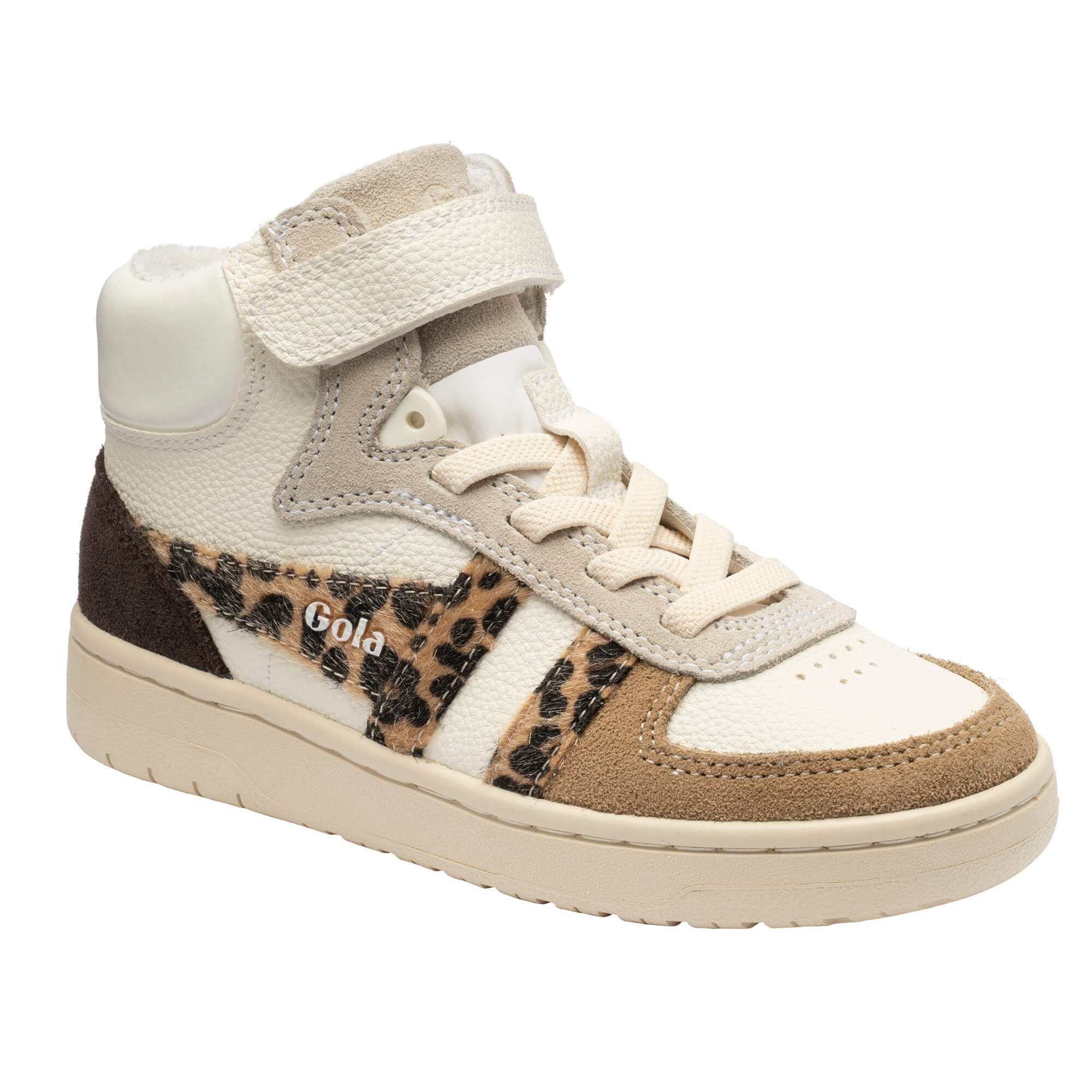 Gola Kids Baseline Cheetah high-top trainer in off-white with brown and leopard print details