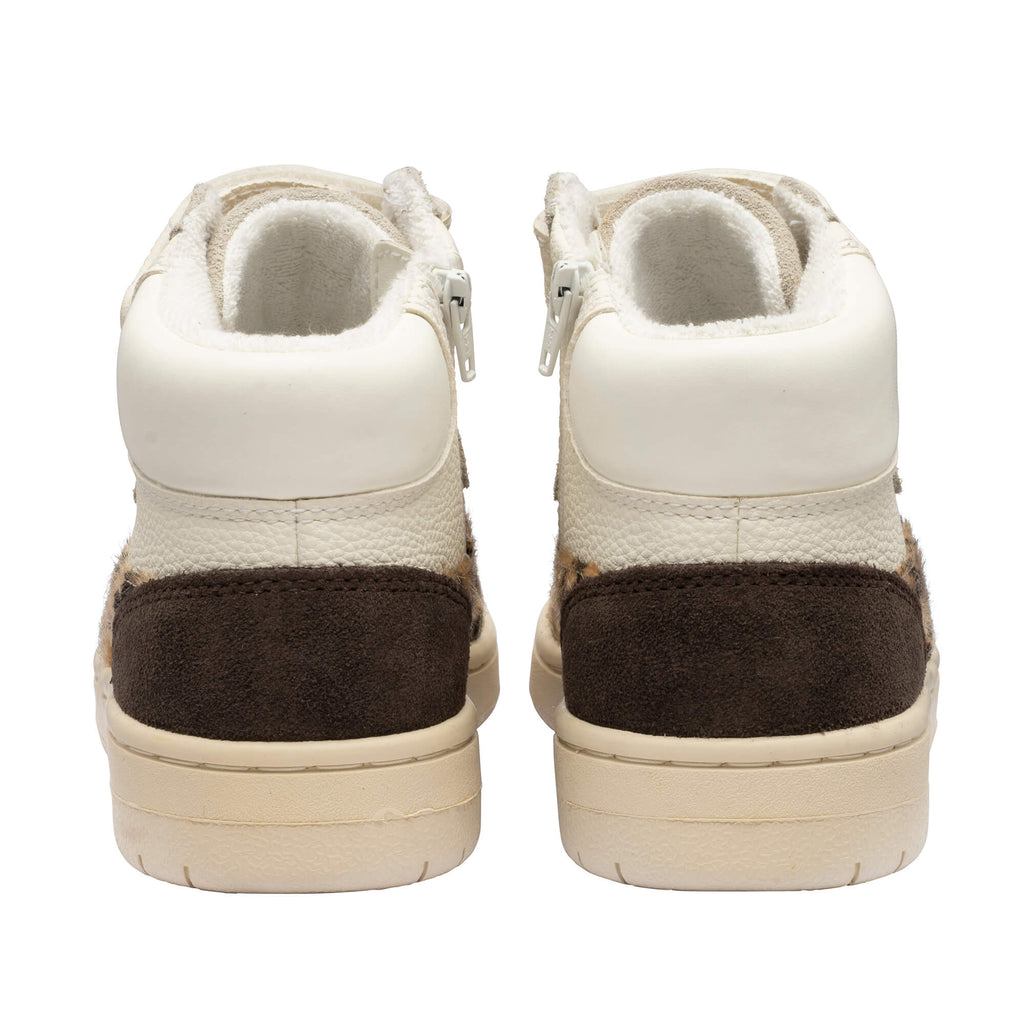 Pair of high-top trainers, rear view. Cream leather, brown suede, and leopard print details. Zips on inner ankles