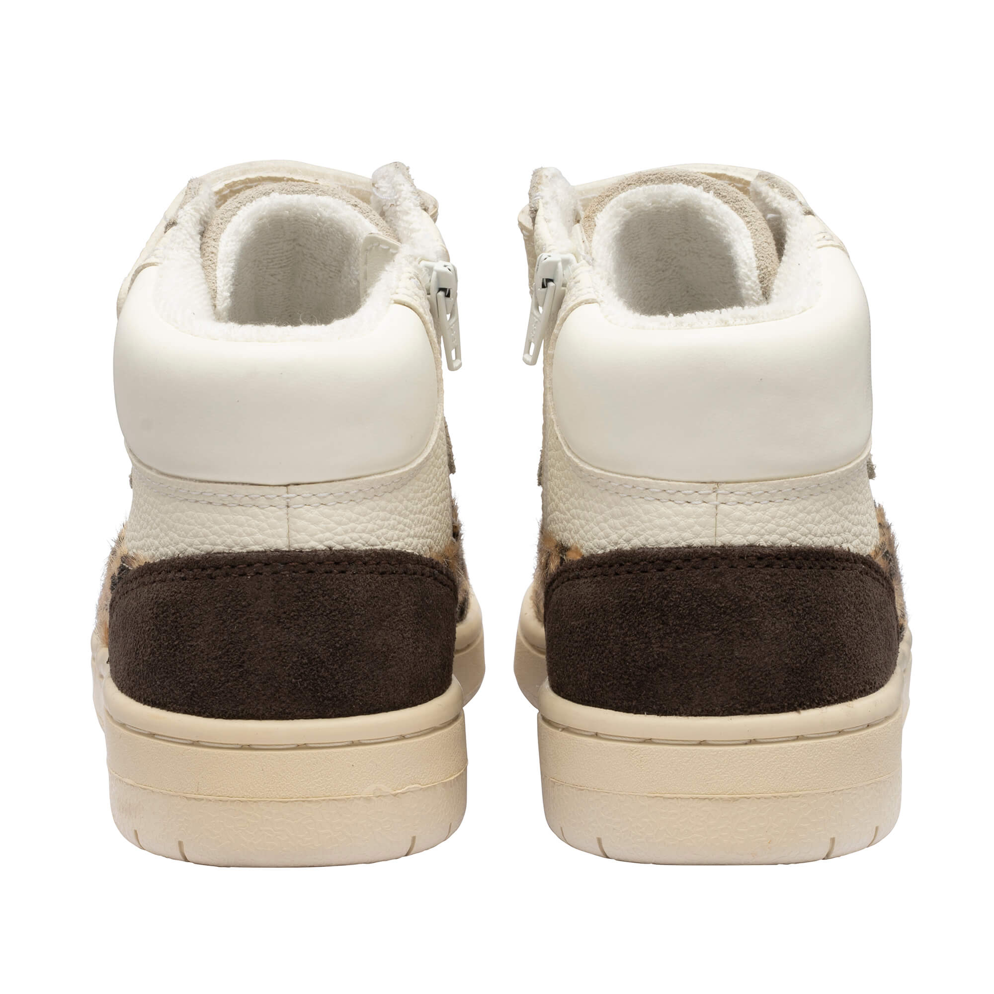 Pair of high-top trainers, rear view. Cream leather, brown suede, and leopard print details. Zips on inner ankles