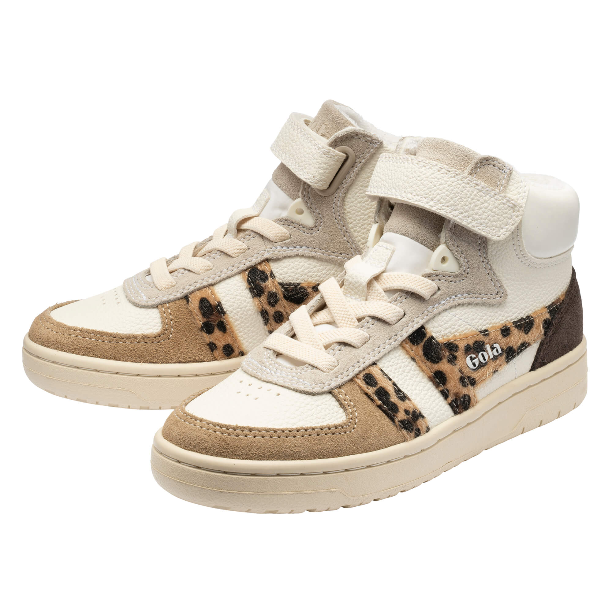Pair of Gola Kids Coaster Peak trainers in off-white, beige, and leopard print