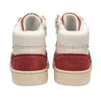 Pair of high-top trainers, rear view, with cream, red, and animal print panels