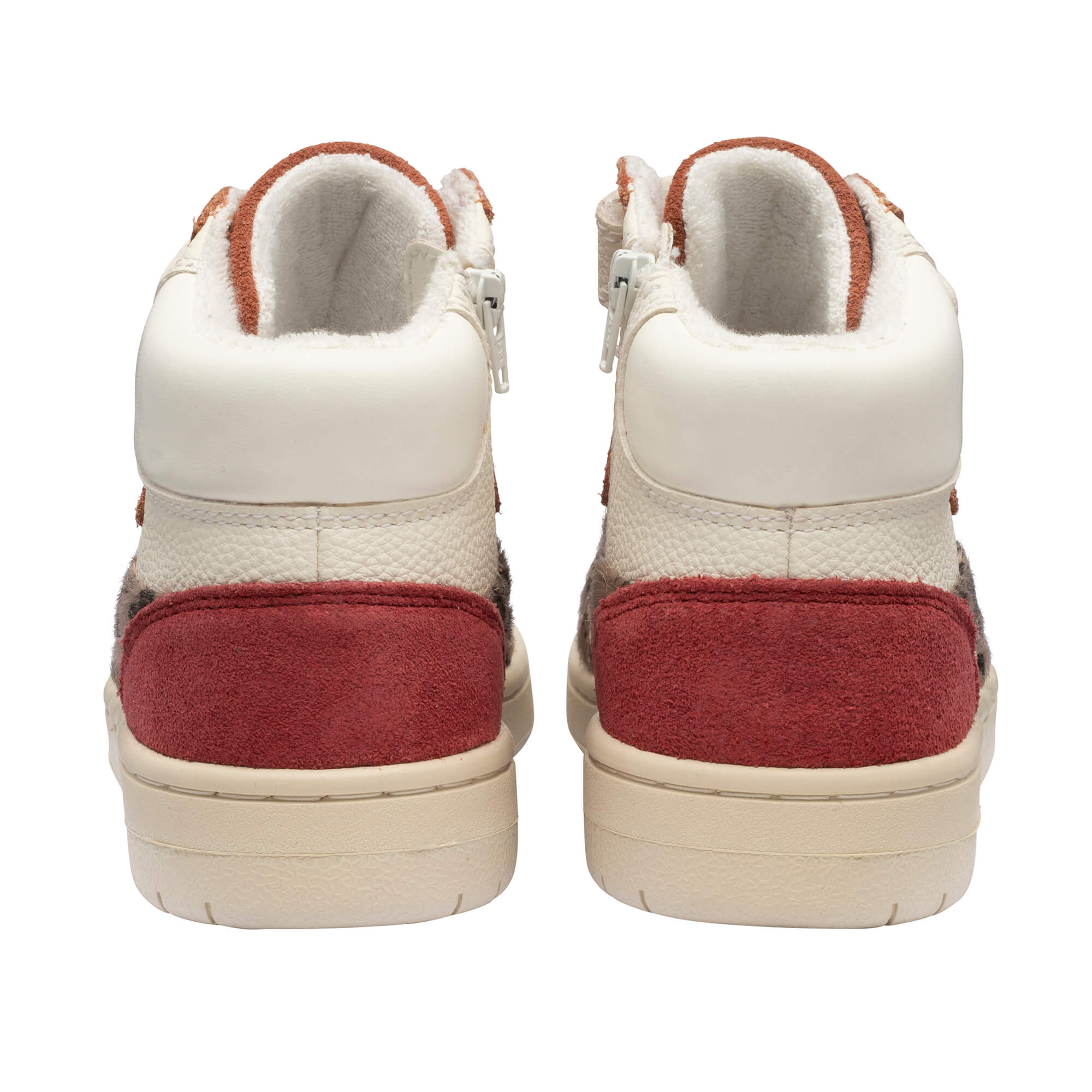 Pair of high-top trainers, rear view, with cream, red, and animal print panels