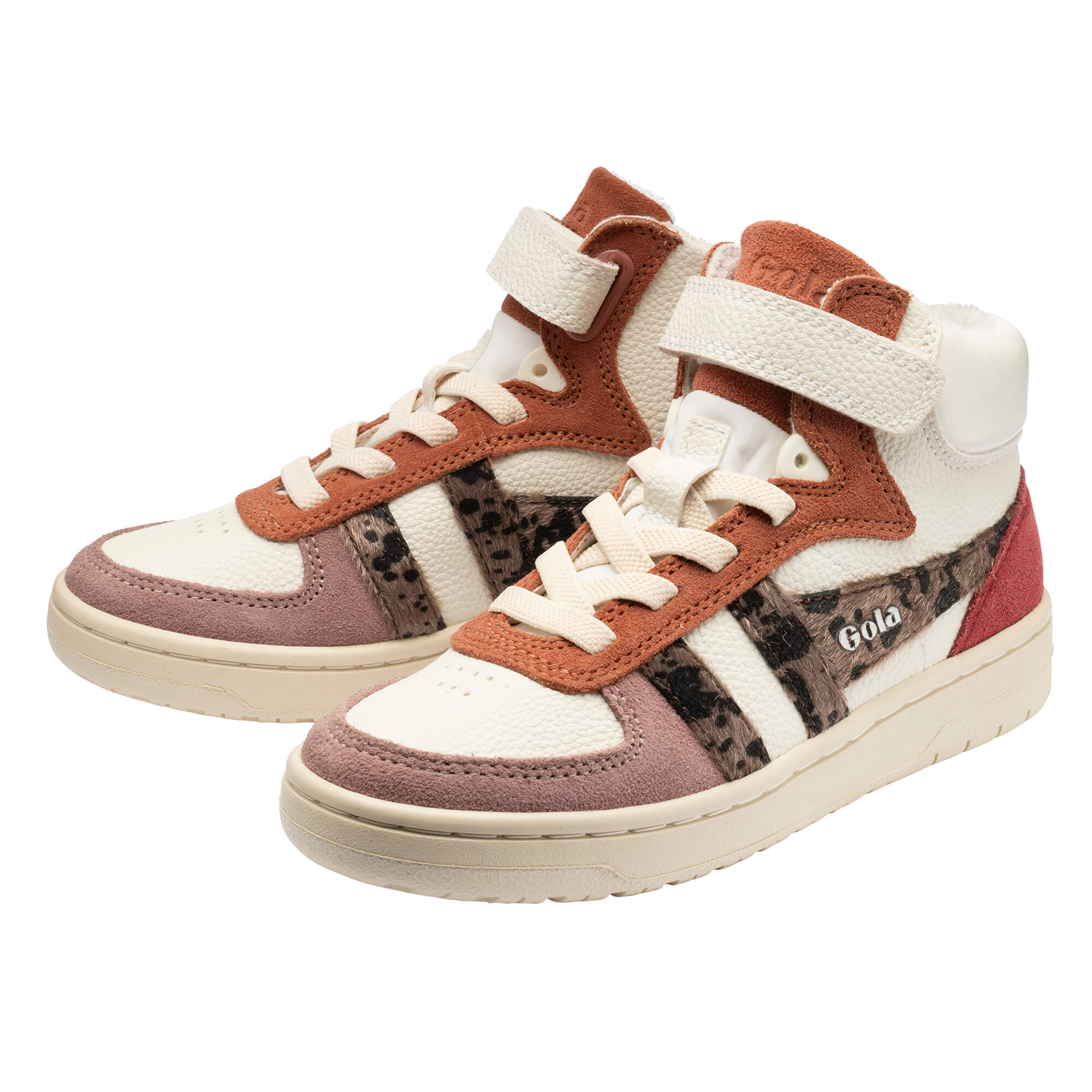 Pair of Gola Kids Baseline Mark Cox high-top trainers in off-white, brown, and leopard print