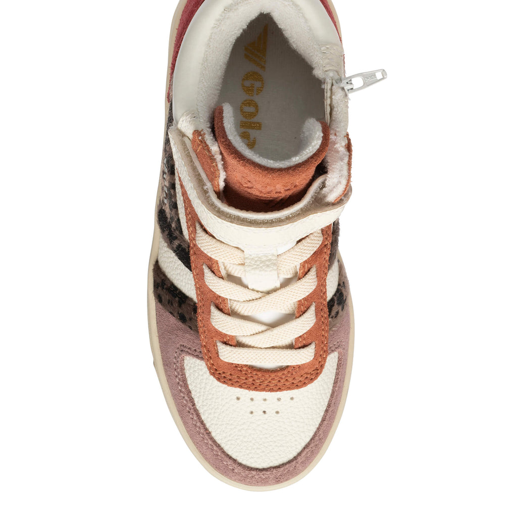 Gola Kids Coaster Peak trainers in off-white, rust, and mauve with leopard print detail