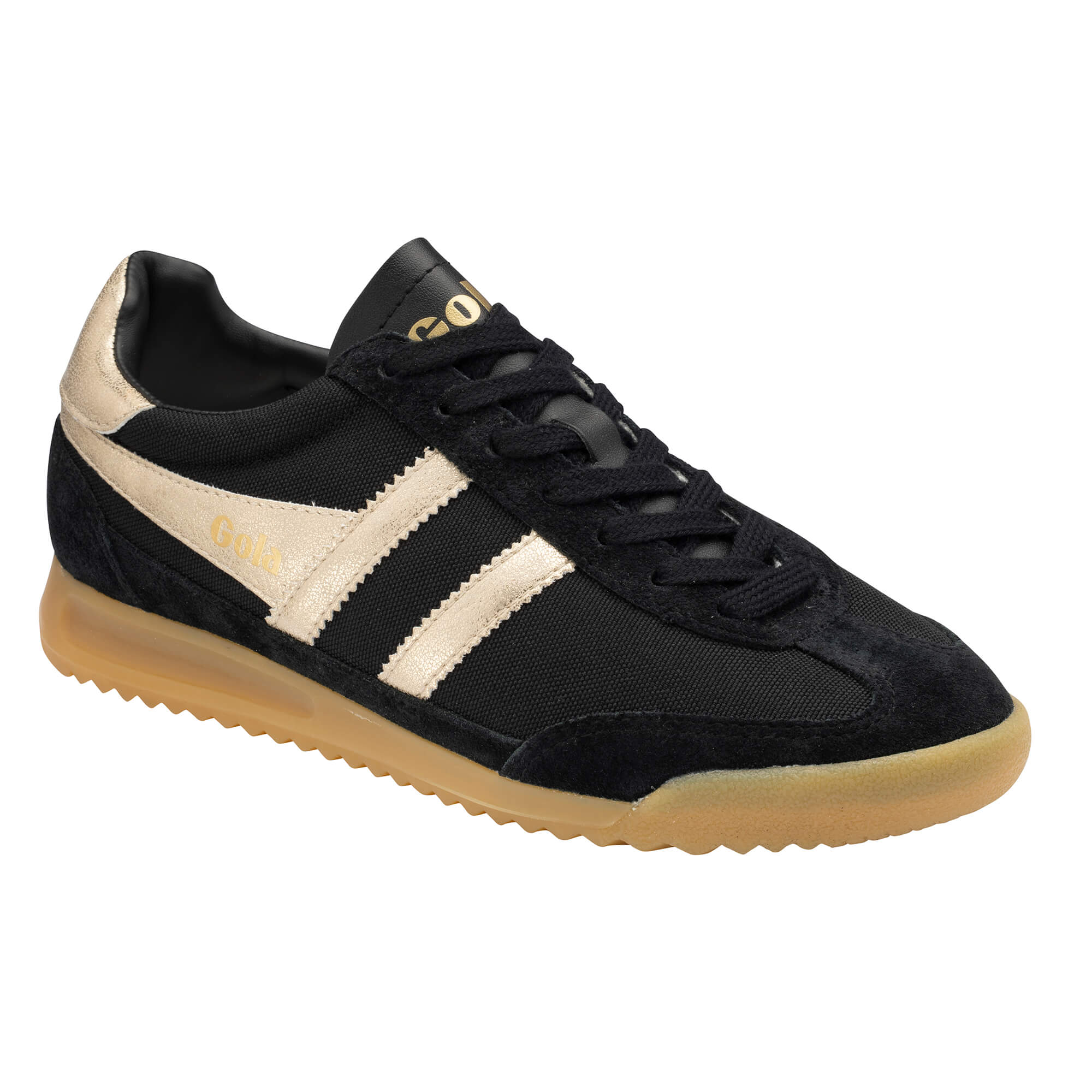 Black and gold Gola trainer with a gum sole
