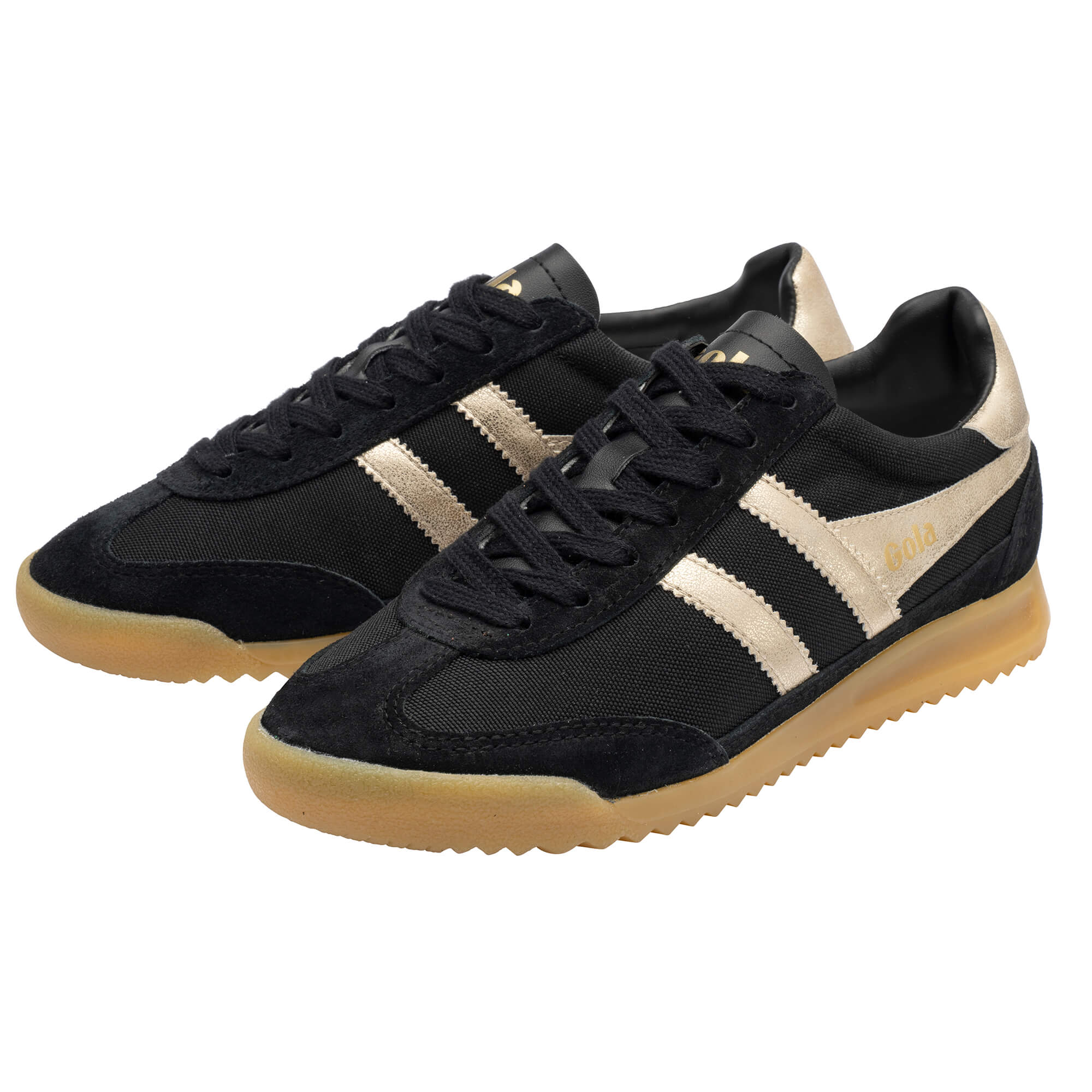 Pair of black and gold Gola Harrier trainers with gum soles