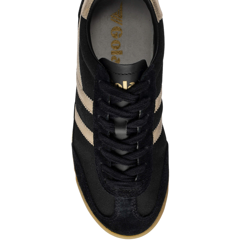 Black and gold Gola trainer with black laces