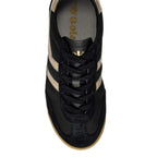Black and gold Gola trainer with black laces