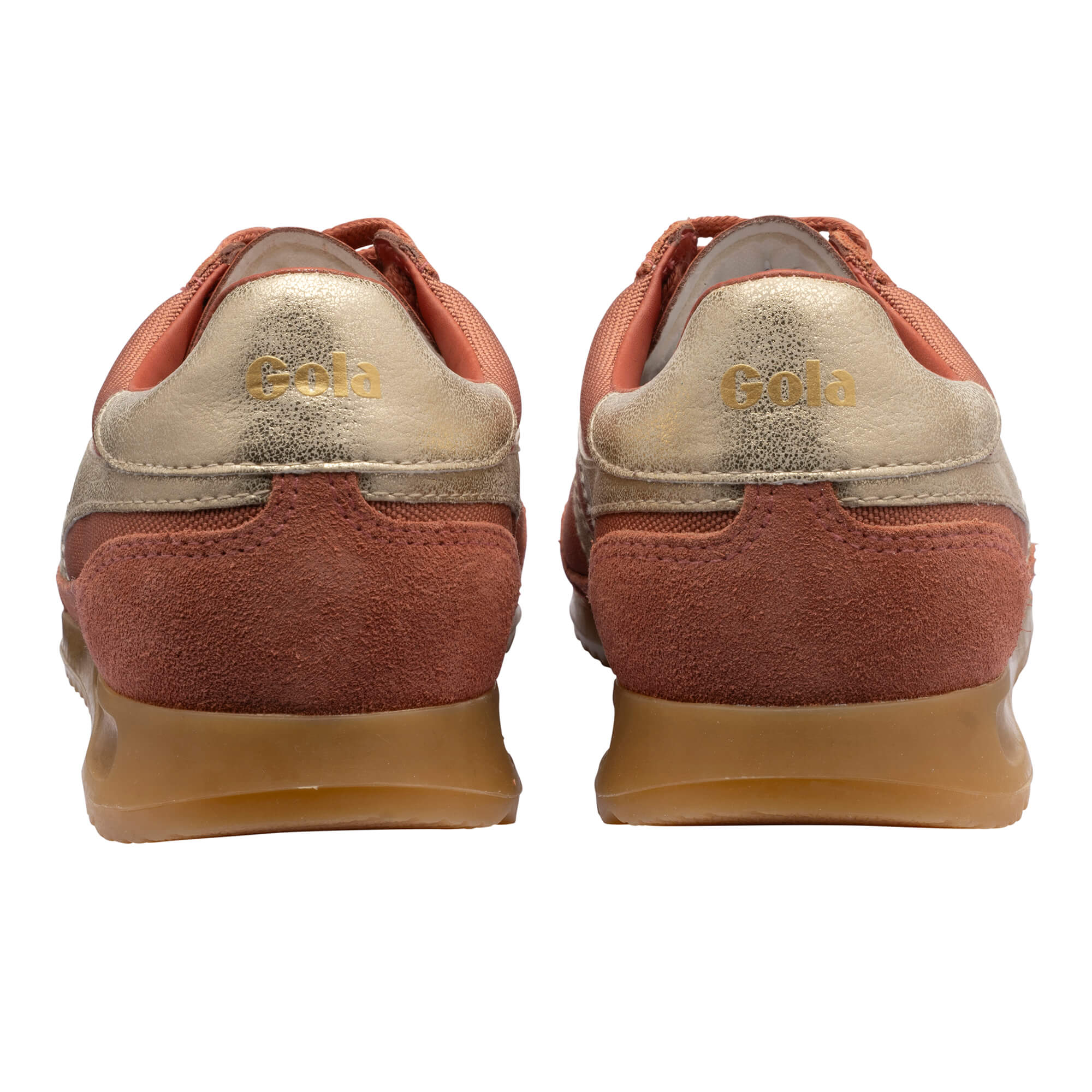 Rear view of two Gola trainers in rust and gold with gum soles