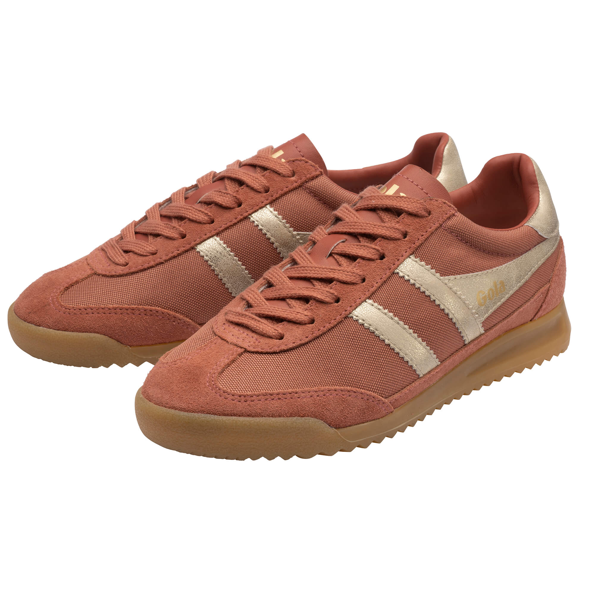 Pair of Gola Bullet trainers in dusty rose with gold stripes and gum sole