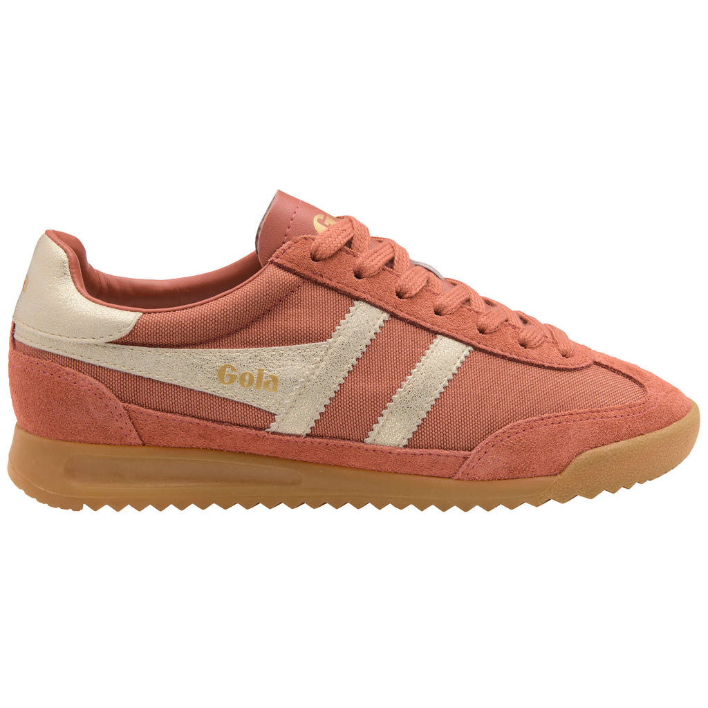 Gola women's trainer in coral with gold stripes and branding