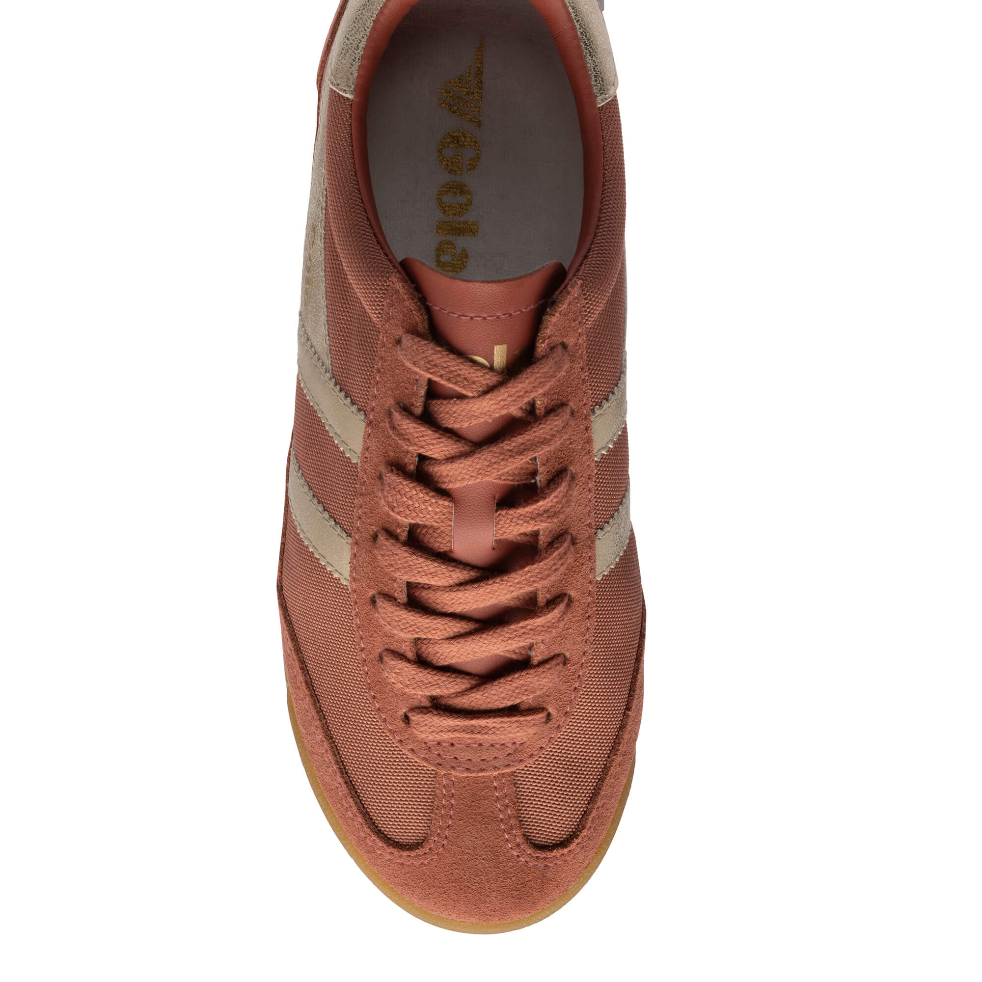 Top-down view of a Gola Harrier trainer in dusky pink with beige stripes and laces