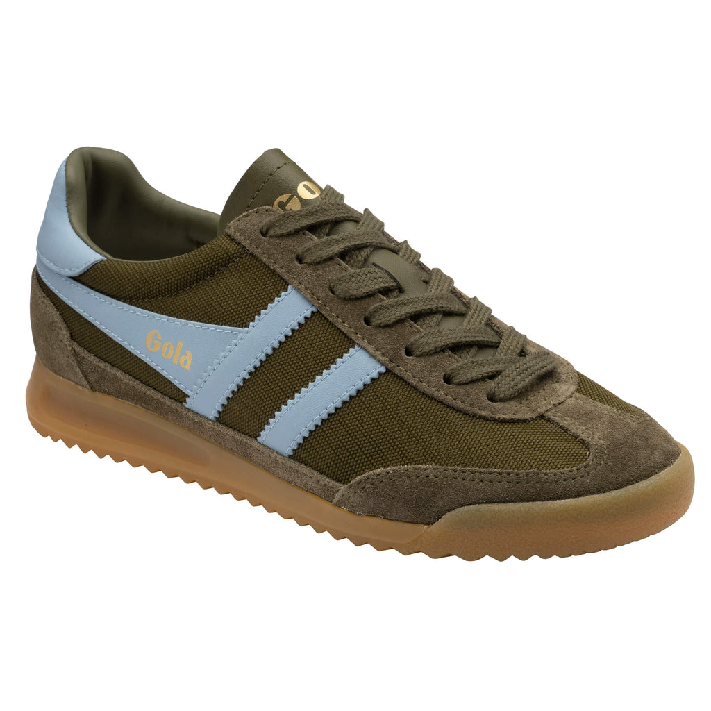 Gola Harrier trainers in khaki with light blue stripes and a gum sole