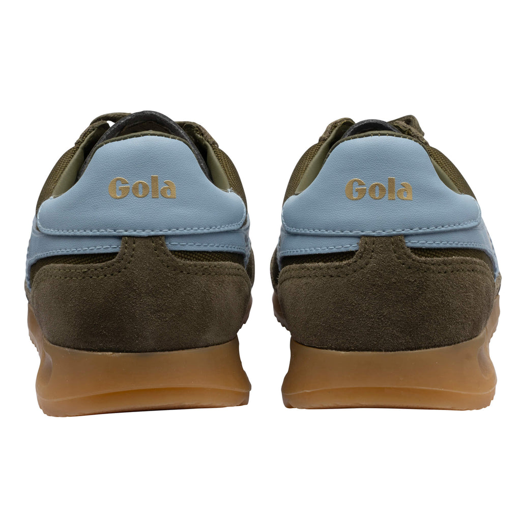 Rear view of two Gola trainers in khaki green with light blue heel tabs and gum soles