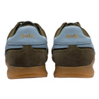 Rear view of two Gola trainers in khaki green with light blue heel tabs and gum soles
