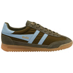Gola Harrier trainers in olive green with light blue stripes and a gum sole