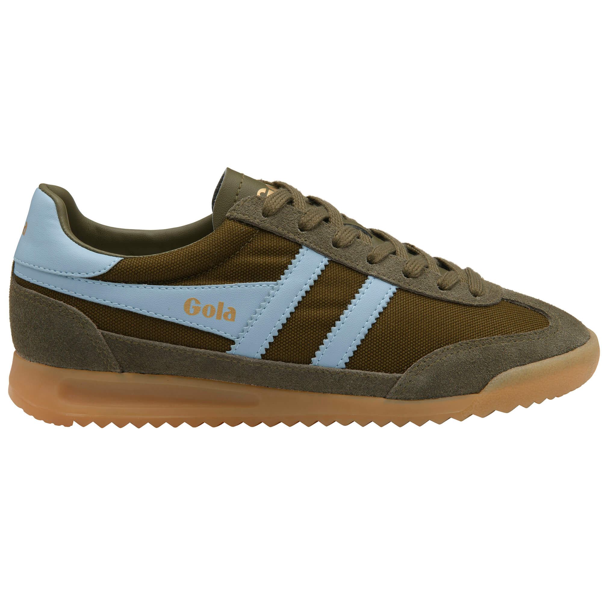Gola Harrier trainers in olive green with light blue stripes and a gum sole