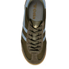 Top-down view of a Gola trainer in olive green with light blue stripes and laces