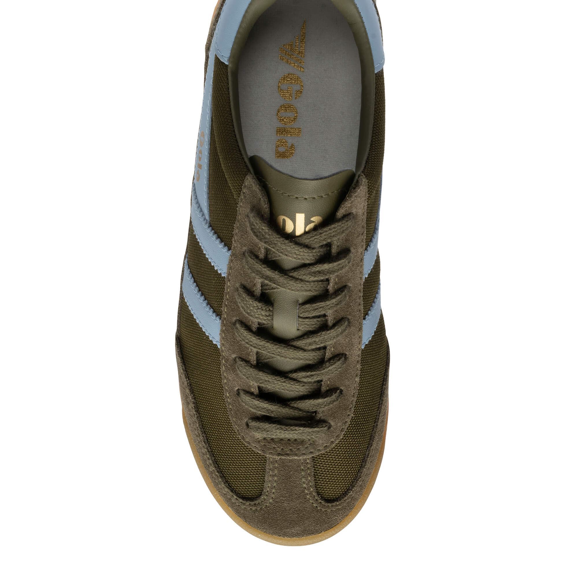 Top-down view of a Gola trainer in olive green with light blue stripes and laces
