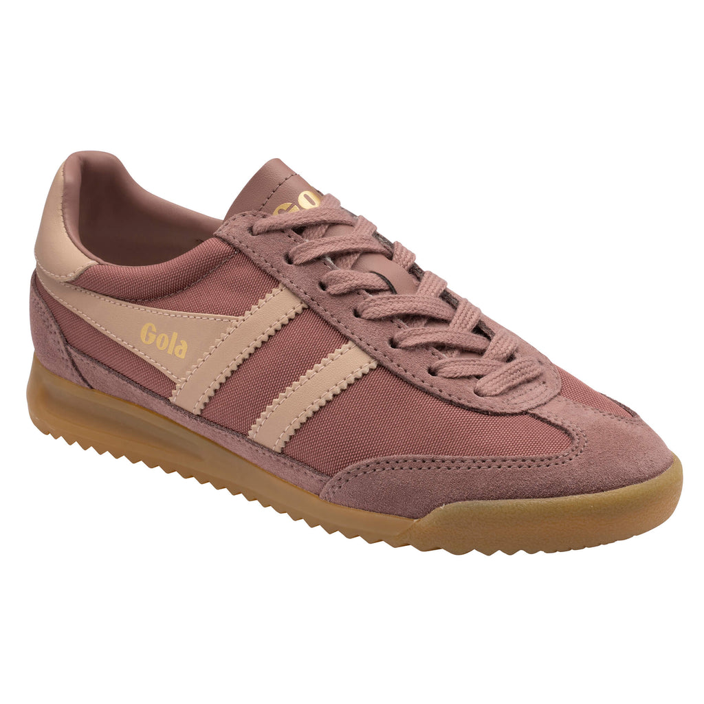 Gola women's trainer in dusky pink with beige stripes and gum sole