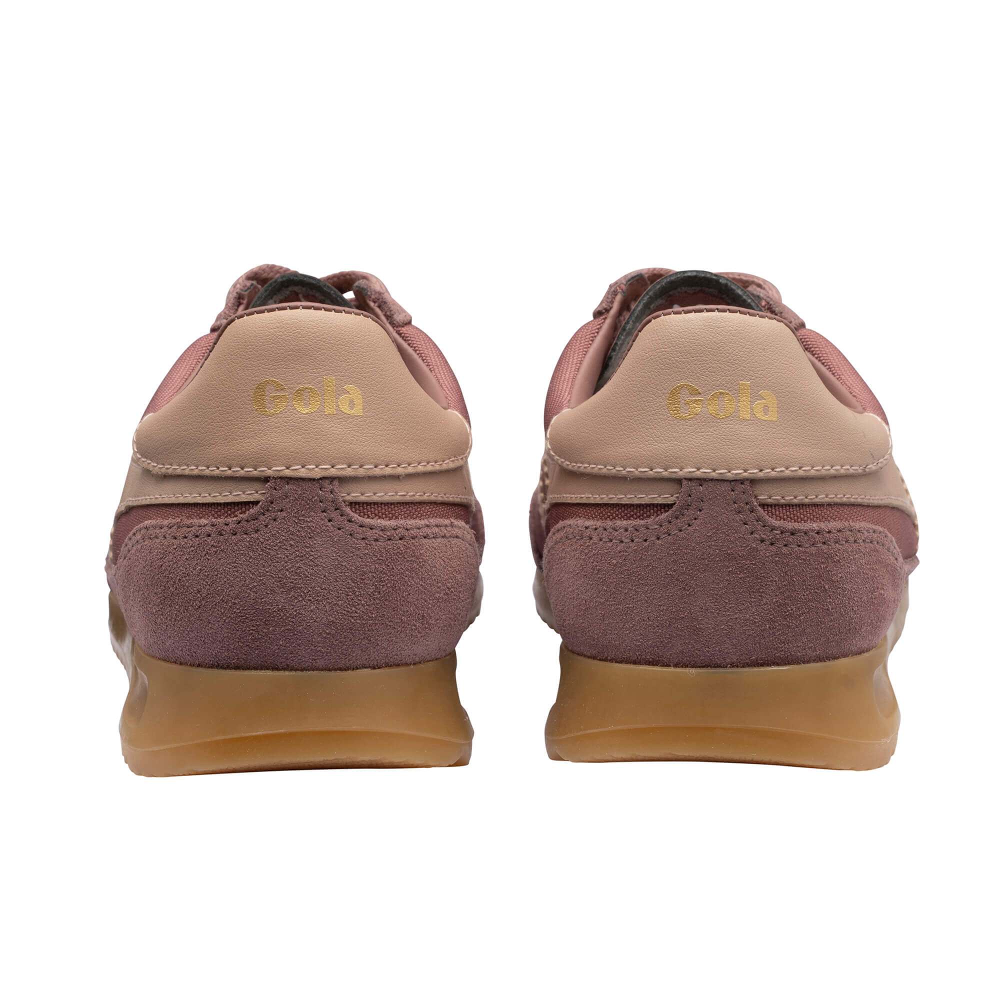 Rear view of two Gola trainers in dusky pink with light brown accents and gum soles
