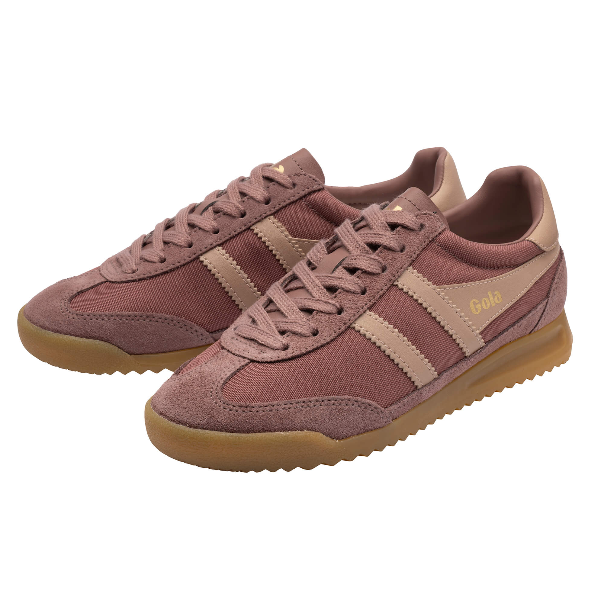 Pair of Gola Coaster trainers in dusky pink with beige stripes and gum soles