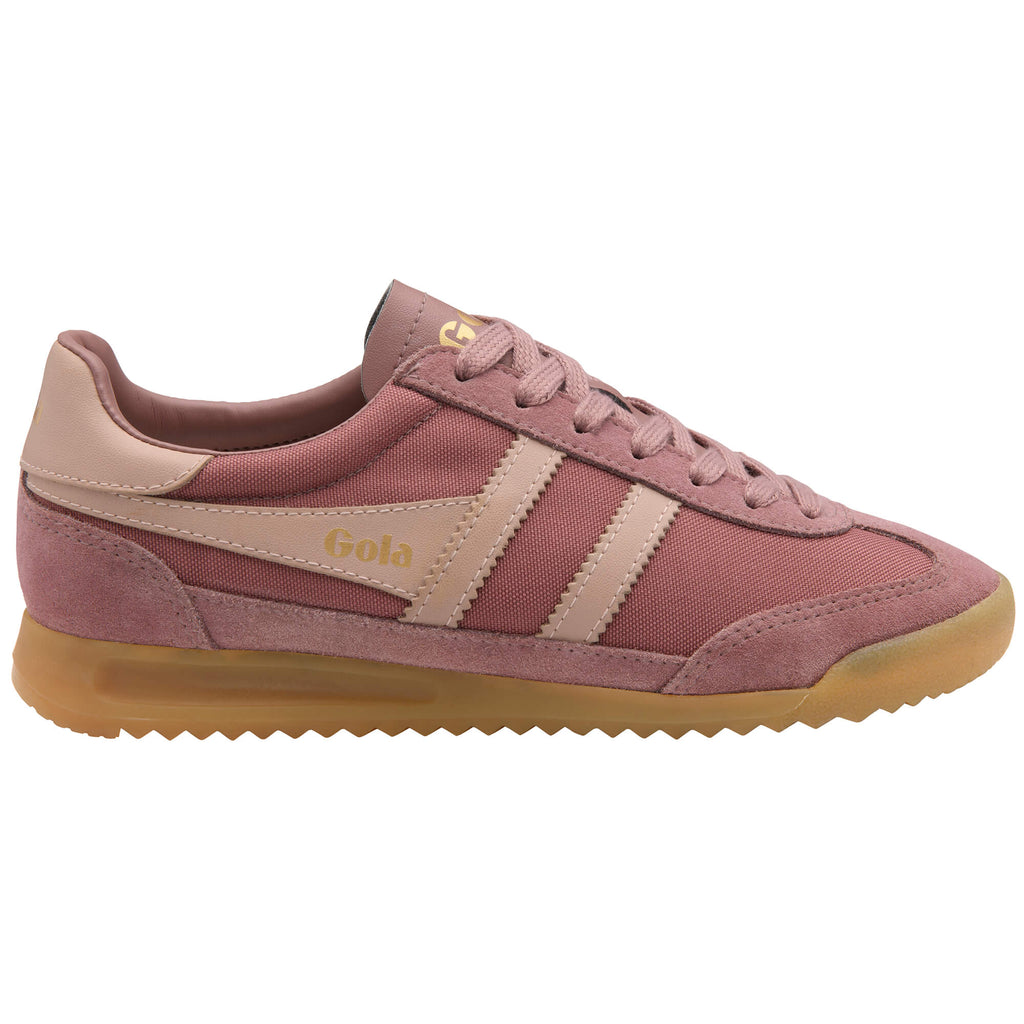 Gola women's trainer in pink with beige stripes and a brown sole