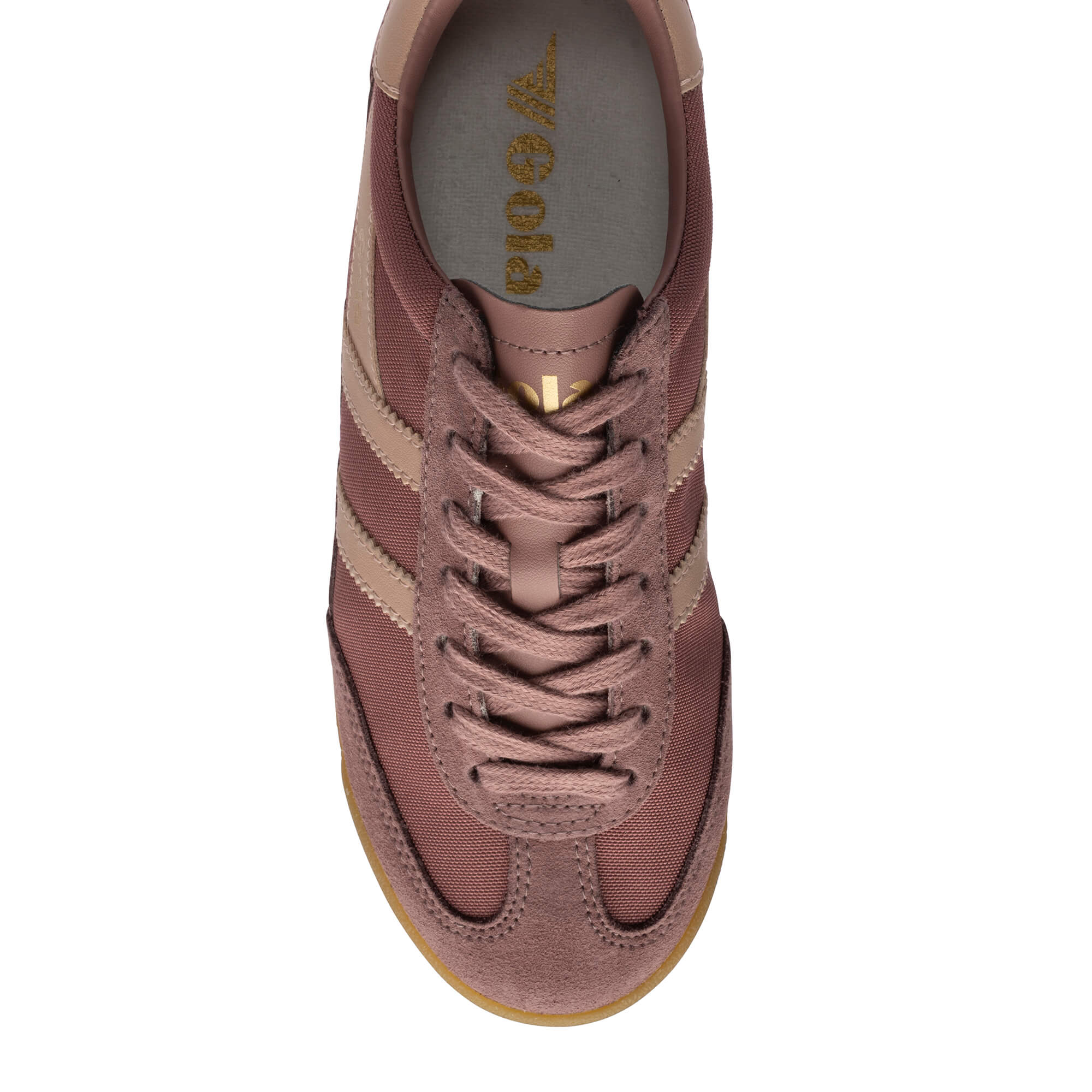 Top-down view of a Gola trainer in dusty pink with beige stripes and laces