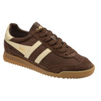 Gola Harrier 72 trainer in brown with off-white stripes and gold Gola branding