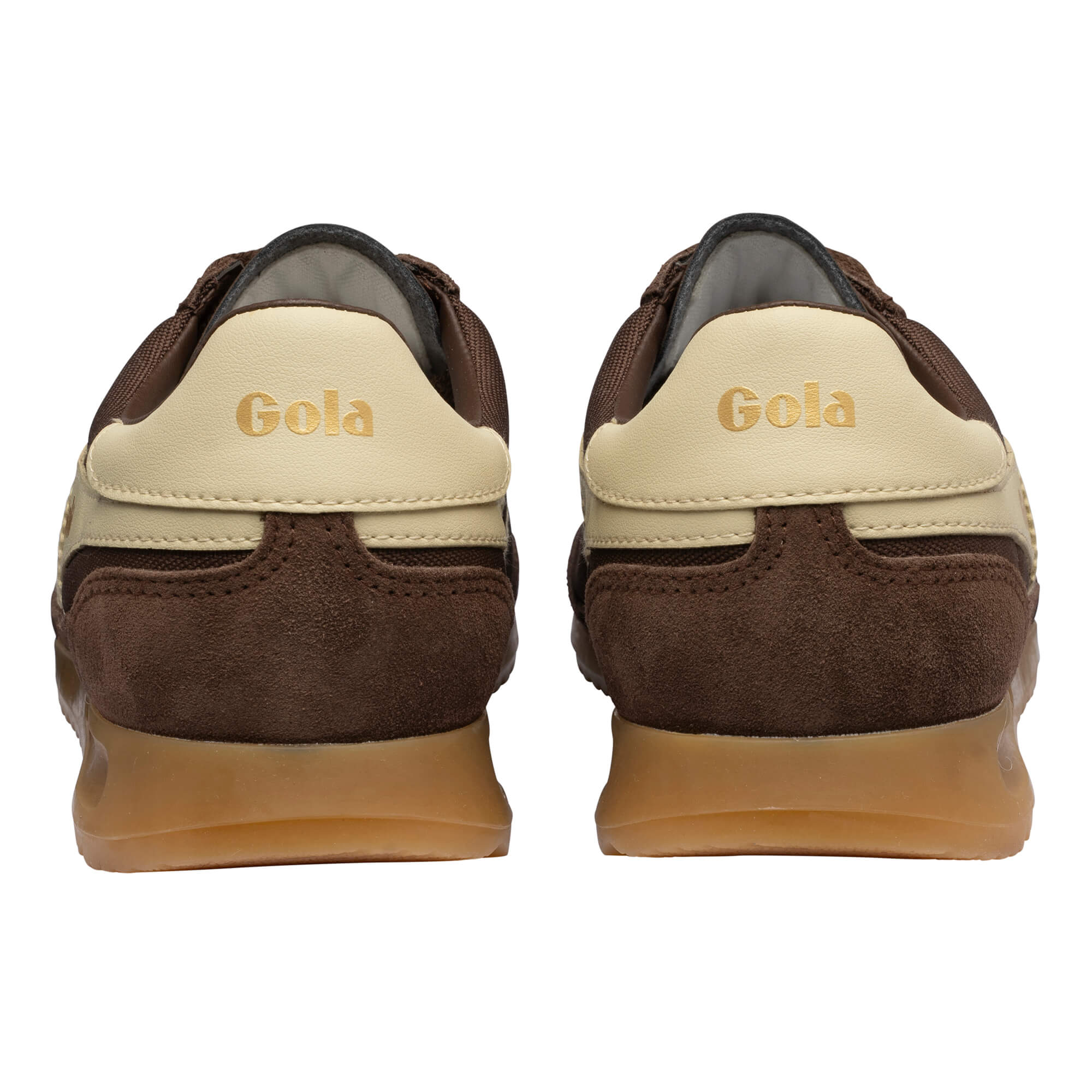 Pair of Gola sneakers, brown suede and nylon with cream leather heel tab and gum sole, rear view