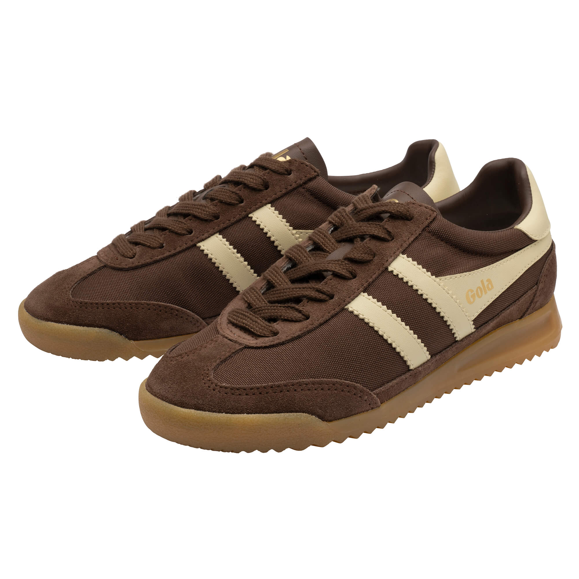 Pair of Gola Harrier trainers in brown with cream stripes and gum sole