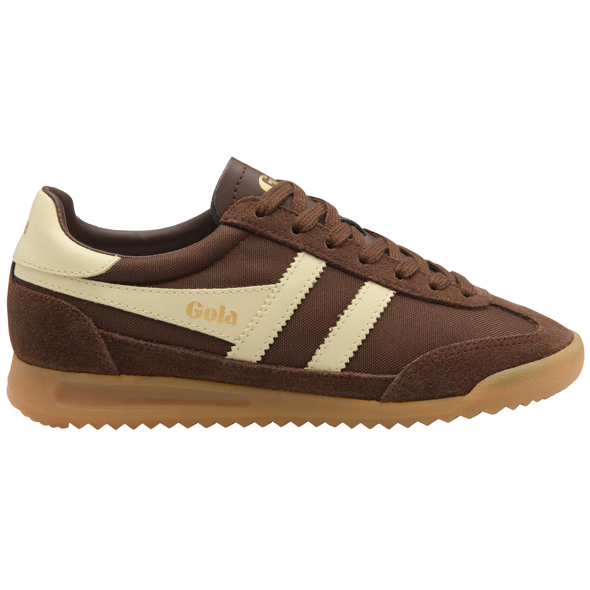 Gola Harrier trainer in brown with cream stripes and gum sole
