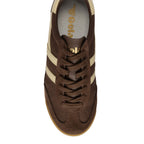 Brown Gola Harrier trainers with beige stripes and laces