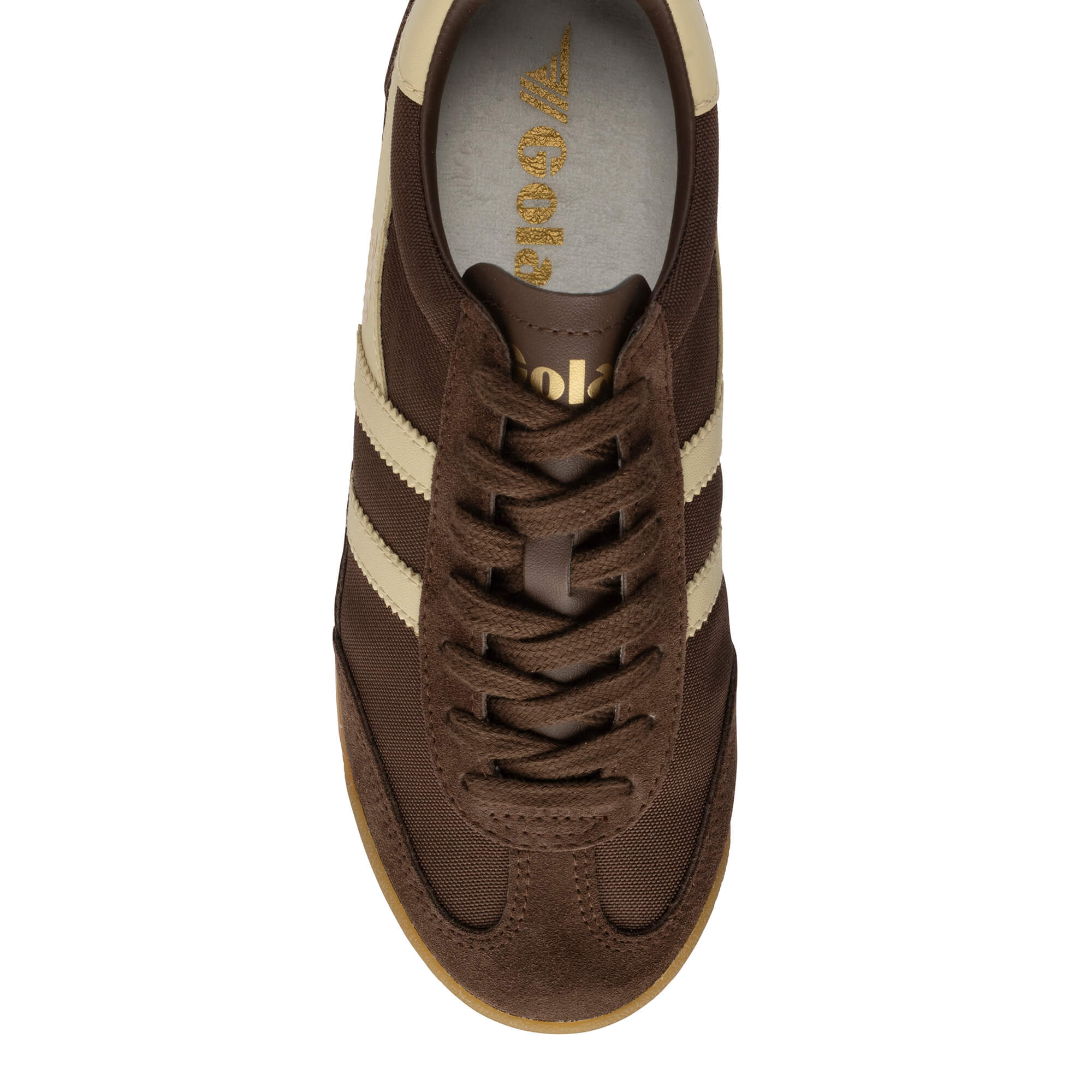 Brown Gola Harrier trainers with beige stripes and laces