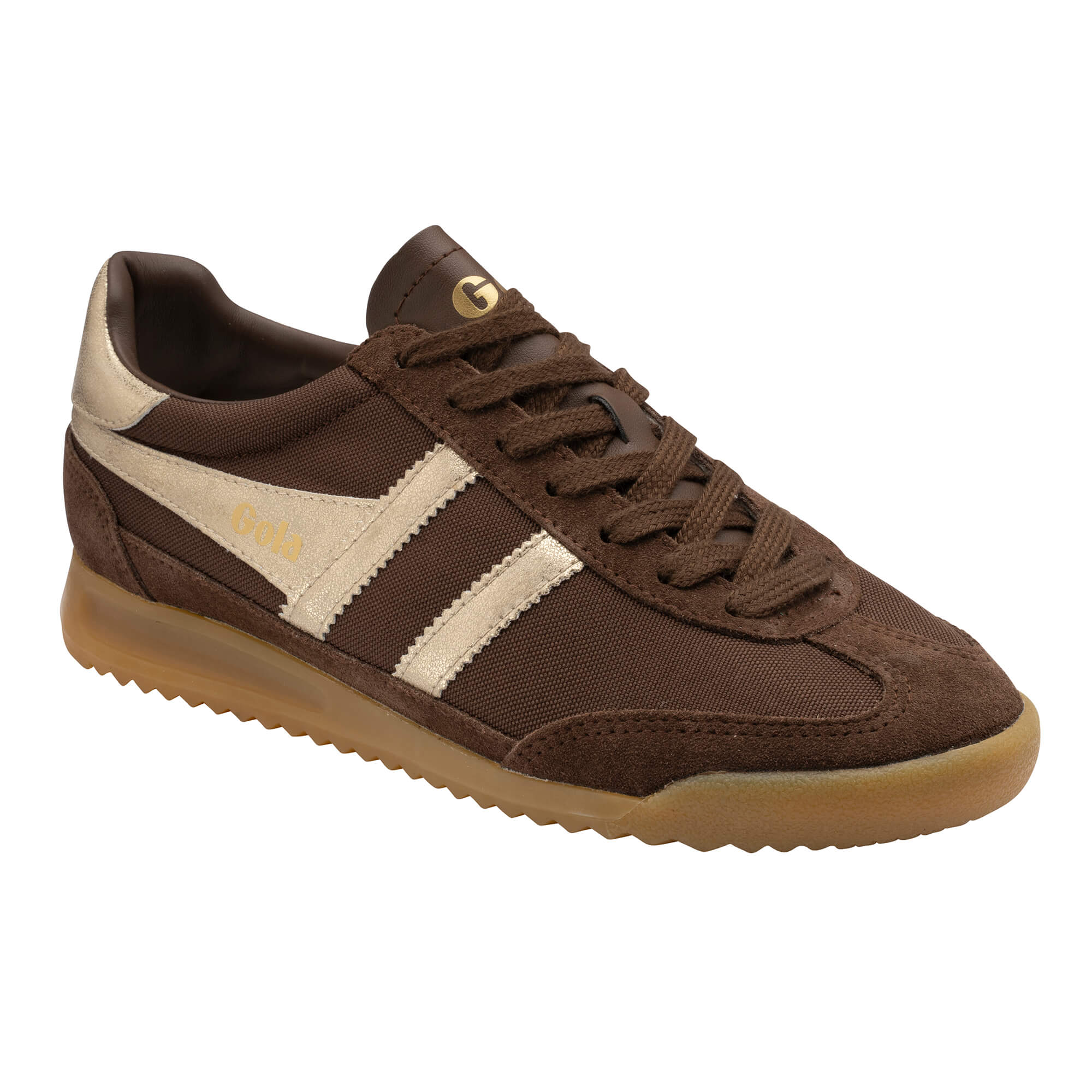 Brown and gold Gola Harrier trainers
