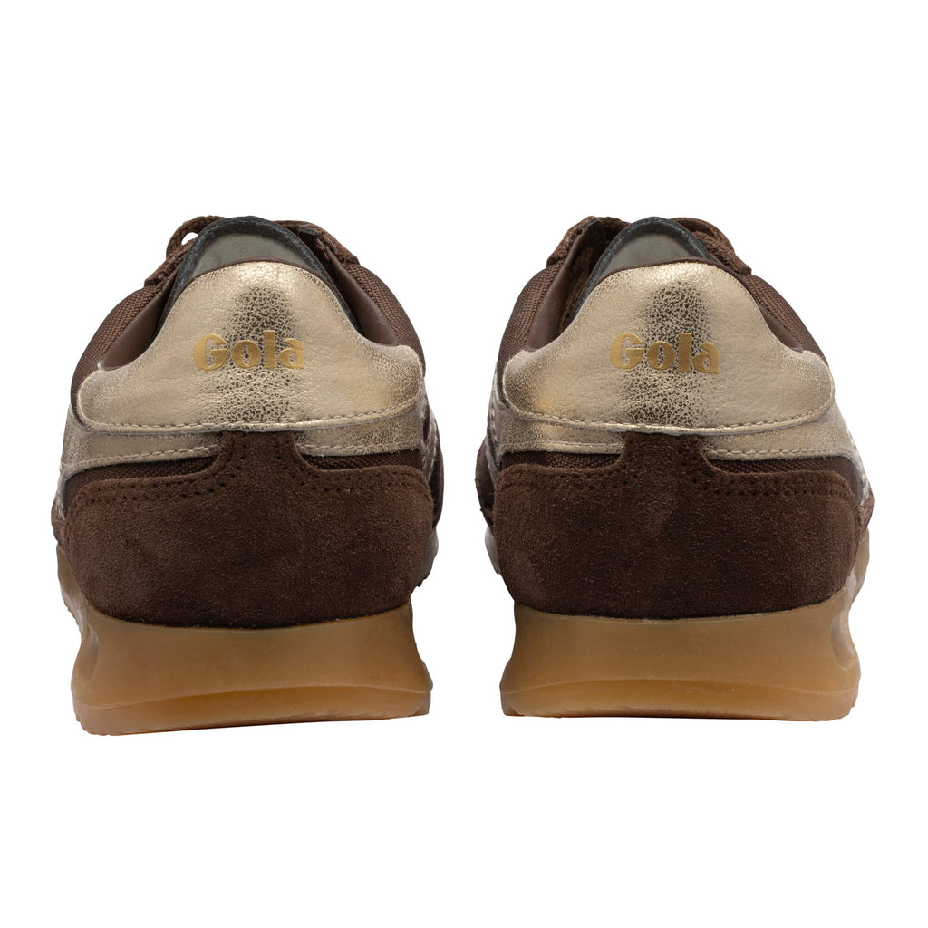 Pair of Gola trainers, brown suede and textile with gold heel tab and gum sole, rear view