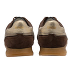 Pair of Gola trainers, brown suede and textile with gold heel tab and gum sole, rear view
