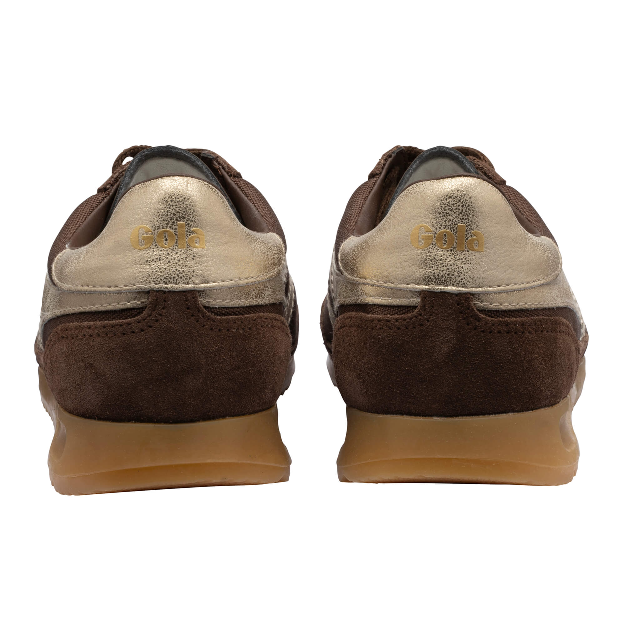 Pair of Gola trainers, brown suede and textile with gold heel tab and gum sole, rear view