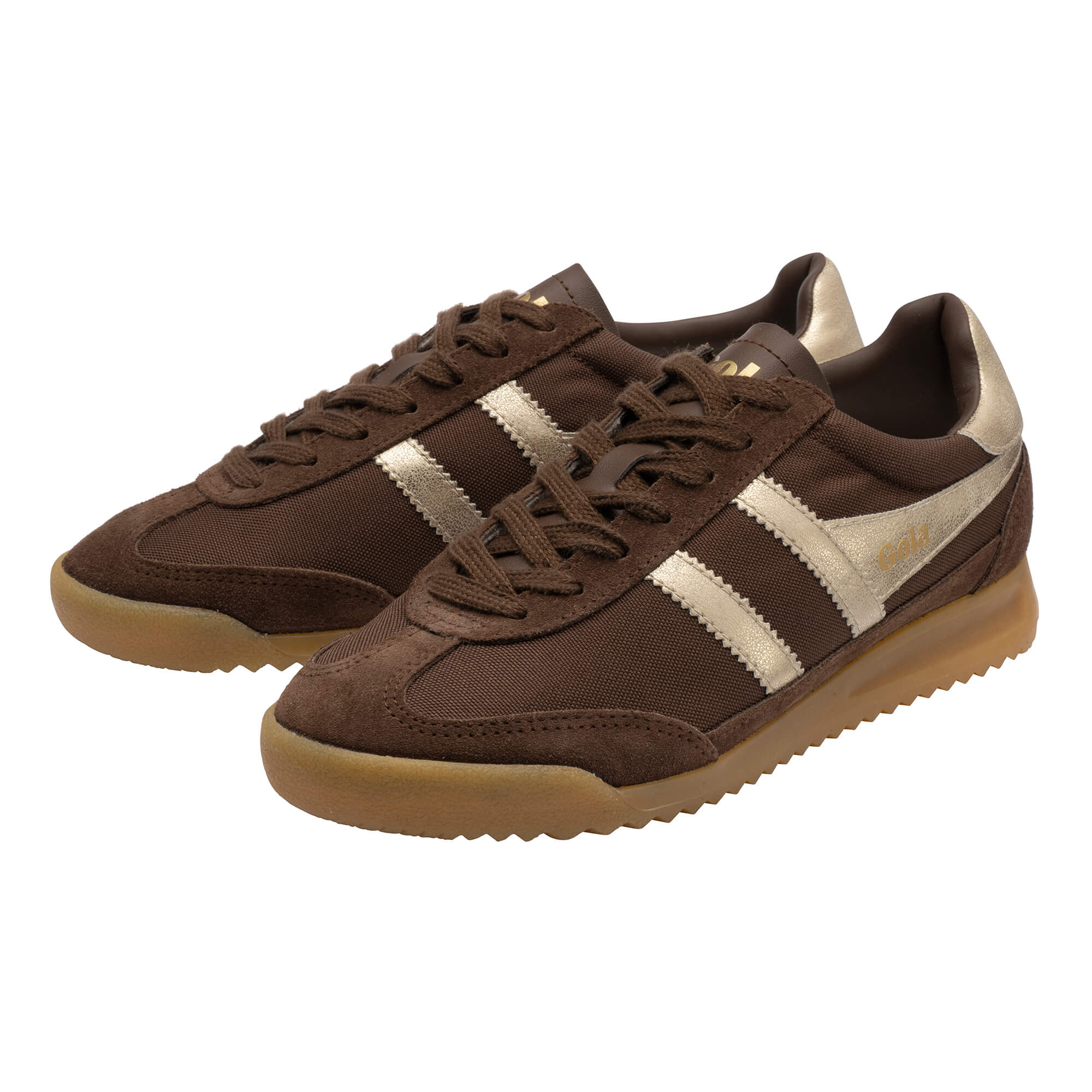 Pair of Gola Harrier trainers in brown with gold stripes and gum soles