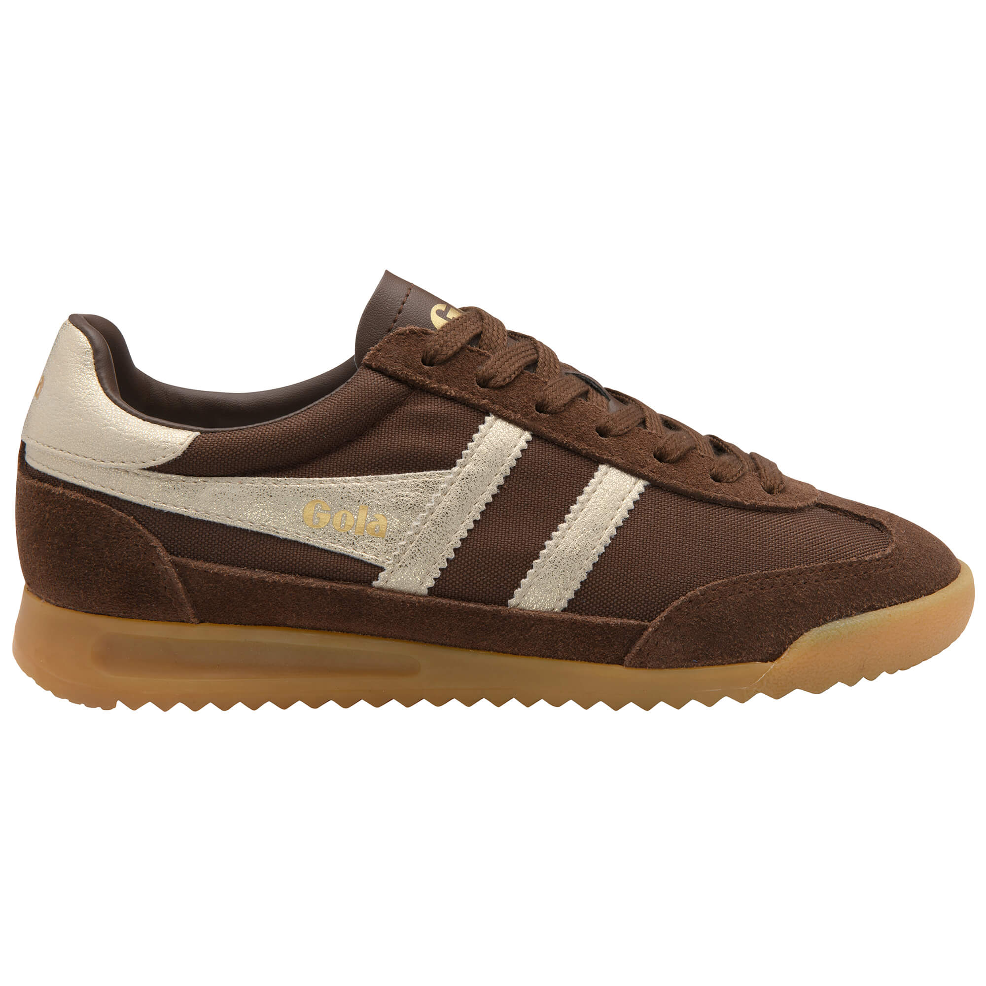 Gola Harrier trainers in brown with gold stripes and gum sole