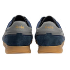 Pair of Gola trainers, navy blue with grey trim and gum soles, seen from the rear